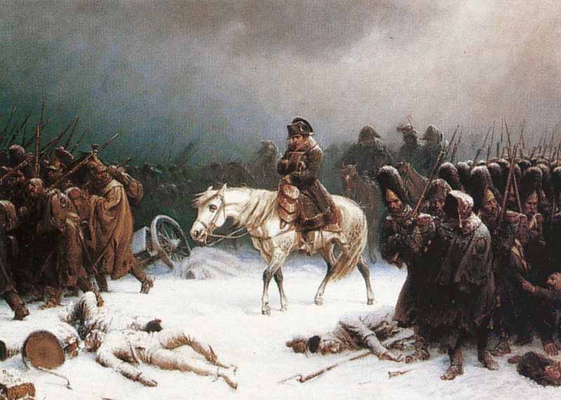 Napoleon mit seinem geschlagenen Herr auf dem Rückzug durch den russischen Winter | Gemälde von Adolf Northern | Quelle: wikipedia.org