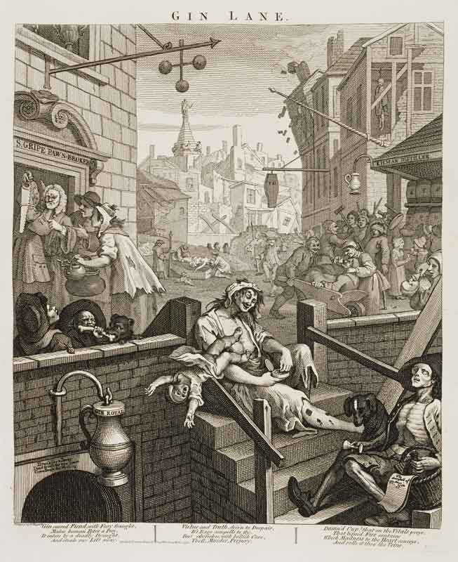 Das berühmte Bild des englischen Künstlers William Hogarth – Gin Lane aus dem Jahre 1751. – der Text am unteren Eingang zu einer der berüchtigten Gin Höhlen lautet: Drunk for a penny, dead drunk for two pence, clean straw for nothing | Quelle: www.wikipedia.de